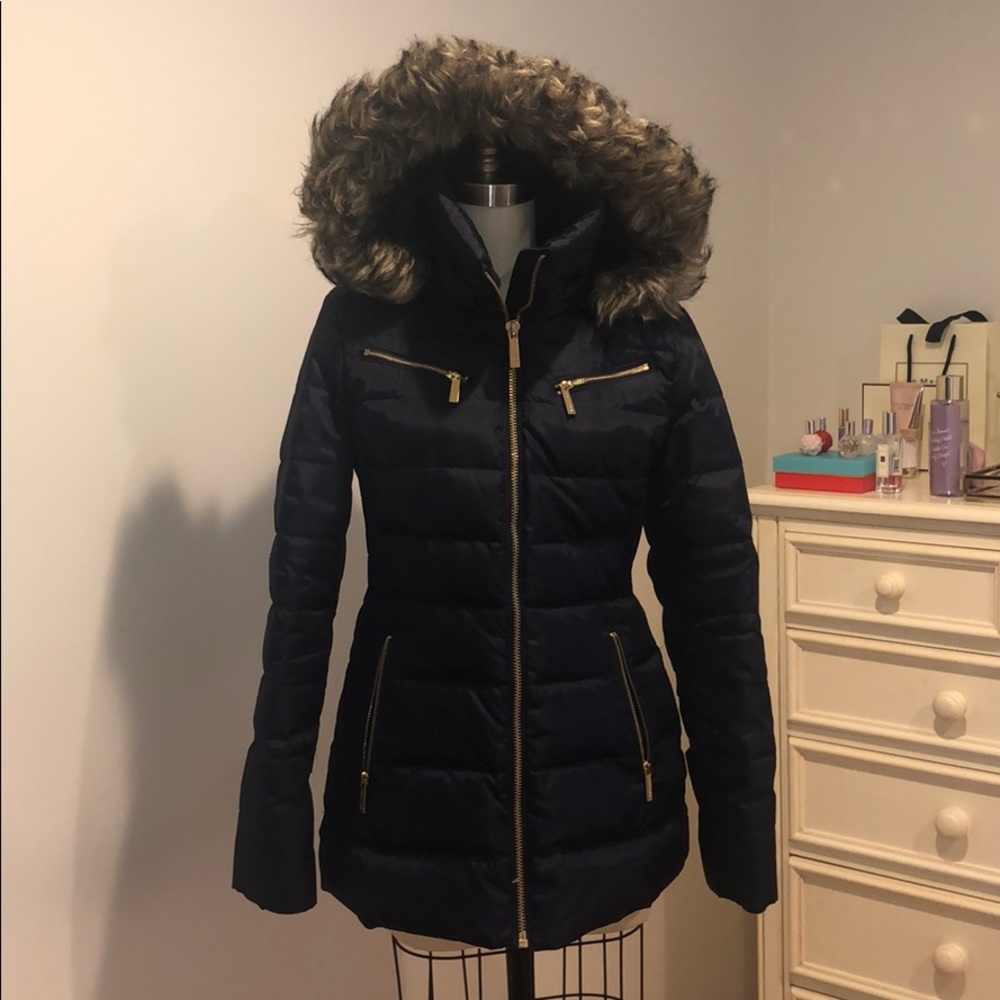 Navy Michael Kors puffer jacket with faux fur hood